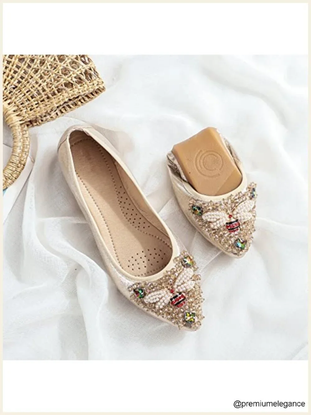 Women's Rhinestone Ballet Flats Foldable Sparkly Slip On Wedding Shoes Leather